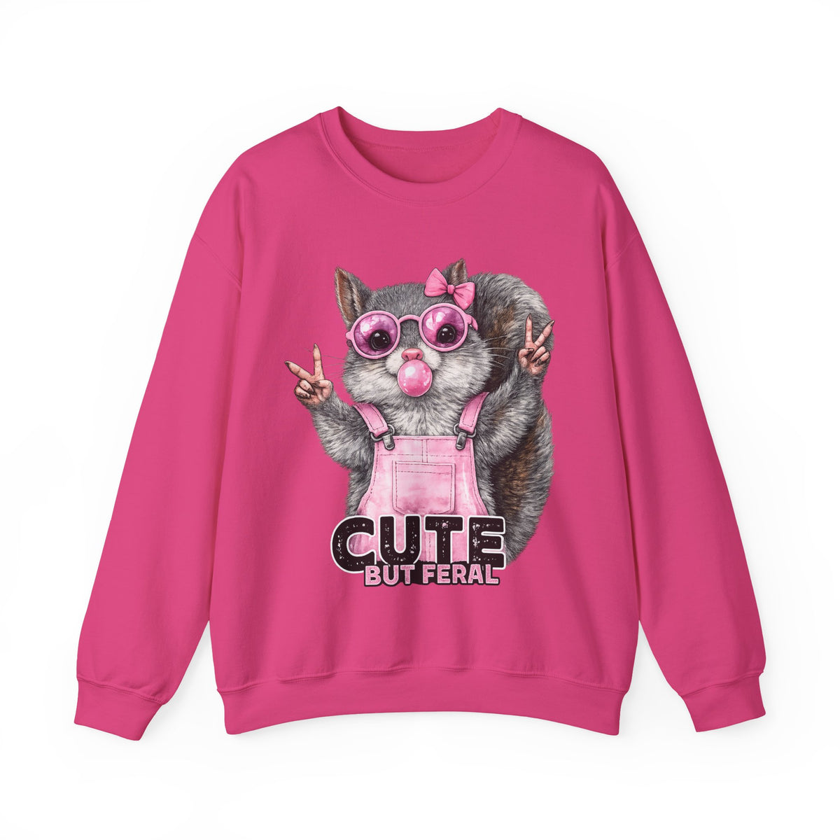Cute But Feral, Squirrel in Pink Bibs – Gildan Heavy Blend | Trendy Women’s Soft Sweatshirt. Direct to Garment. Printed & Shipped in the USA. Unisex Sizes.