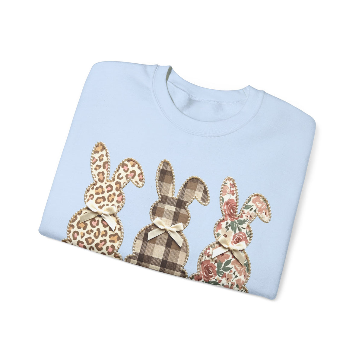 Easter Bunny Trio, Leopard, Plaid & Floral - Faux Pearl Outline – Gildan Heavy Blend | Trendy Women’s Soft Sweatshirt. Direct to Garment. Printed & Shipped in the USA. Unisex Sizes.