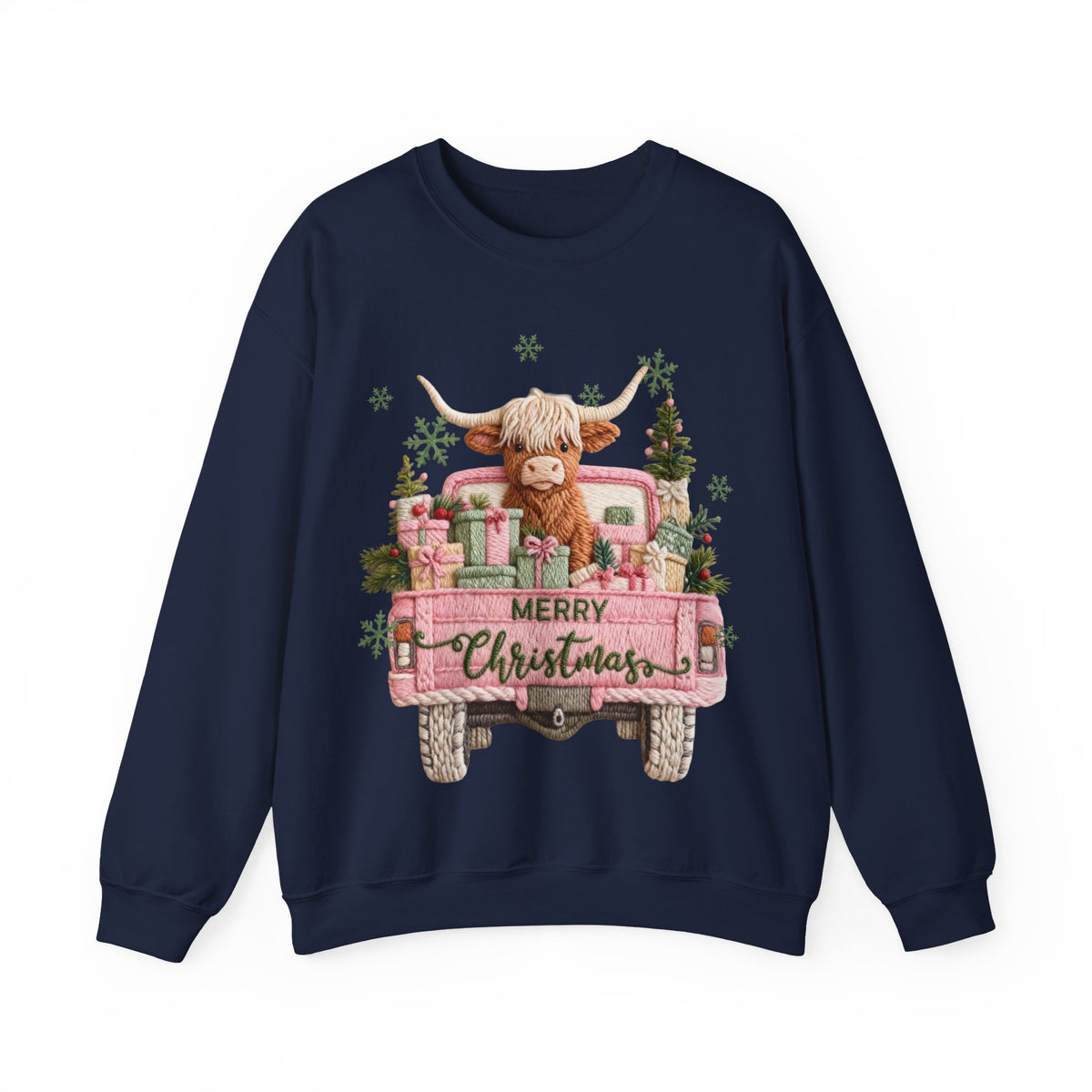 Highland Cow in Pink Truck Merry Christmas Holiday Farmhouse – Gildan Heavy Blend | Trendy Women’s Soft Sweatshirt. Direct to Garment. Printed & Shipped in the USA. Unisex Sizes.