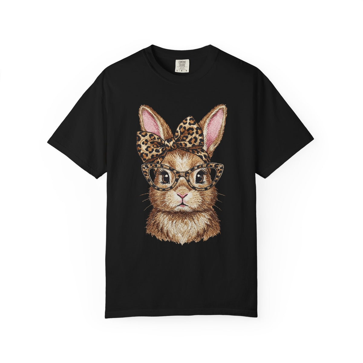 Bunny with Leopard Bow and Glasses - Comfort Colors | Trendy Women's T-Shirt. Direct to Garment. Printed & Shipped in the USA. Unisex Sizes.