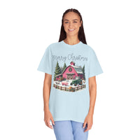 Merry Christmas Pink Barn Farm Animals - Comfort Colors | Trendy Women's T-Shirt. Direct to Garment. Printed & Shipped in the USA. Unisex Sizes.