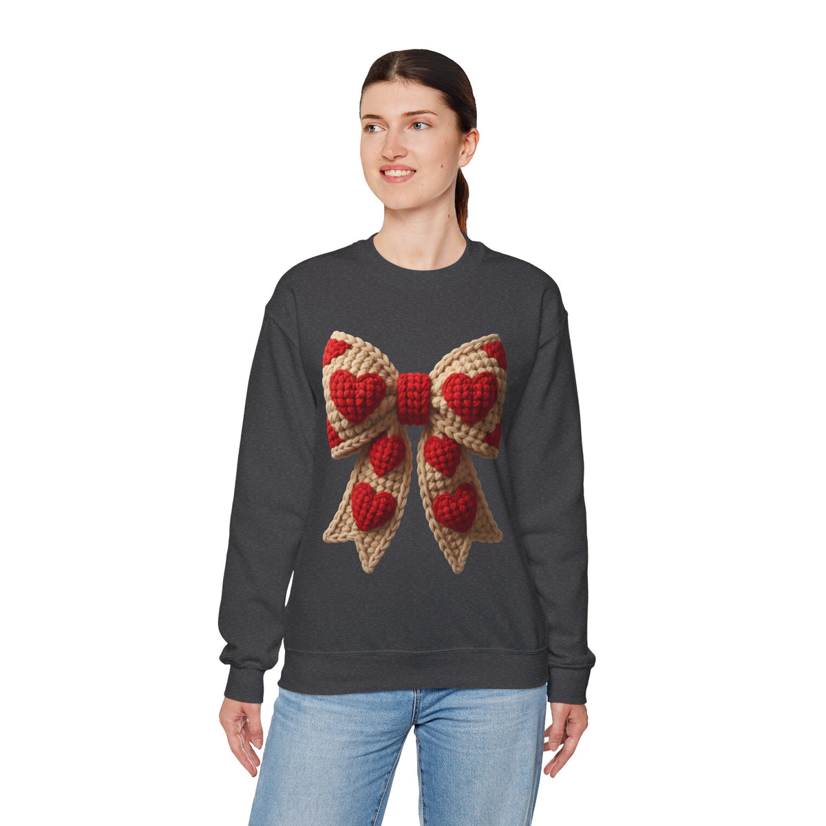 Faux Crochet Valentine Bow – Gildan Heavy Blend | Trendy Women’s Soft Sweatshirt. Direct to Garment. Printed & Shipped in the USA. Unisex Sizes.