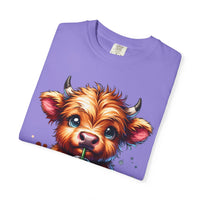 Coffee Addict Highland Cow Drinking Iced Coffee - Comfort Colors | Trendy Women's T-Shirt. Direct to Garment. Printed & Shipped in the USA. Unisex Sizes.
