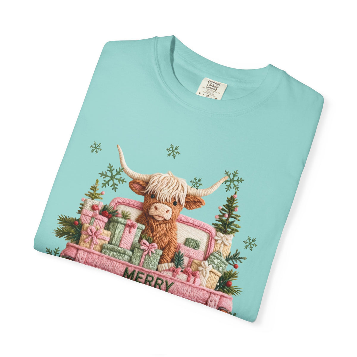 Highland Cow in Pink Truck Merry Christmas Holiday Farmhouse - Comfort Colors | Trendy Women's T-Shirt. Direct to Garment. Printed & Shipped in the USA. Unisex Sizes.
