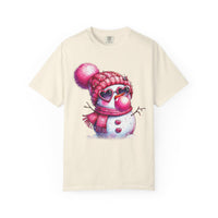 Pink Girly Snowman with Heart Sunglasses and Bubblegum Winter - Comfort Colors | Trendy Women's T-Shirt. Direct to Garment. Printed & Shipped in the USA. Unisex Sizes.