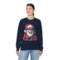 Biker Santa Leather Jacket Bubblegum – Gildan Heavy Blend | Trendy Women’s and Men's Soft Sweatshirt. Direct to Garment. Printed & Shipped in the USA. Unisex Sizes.