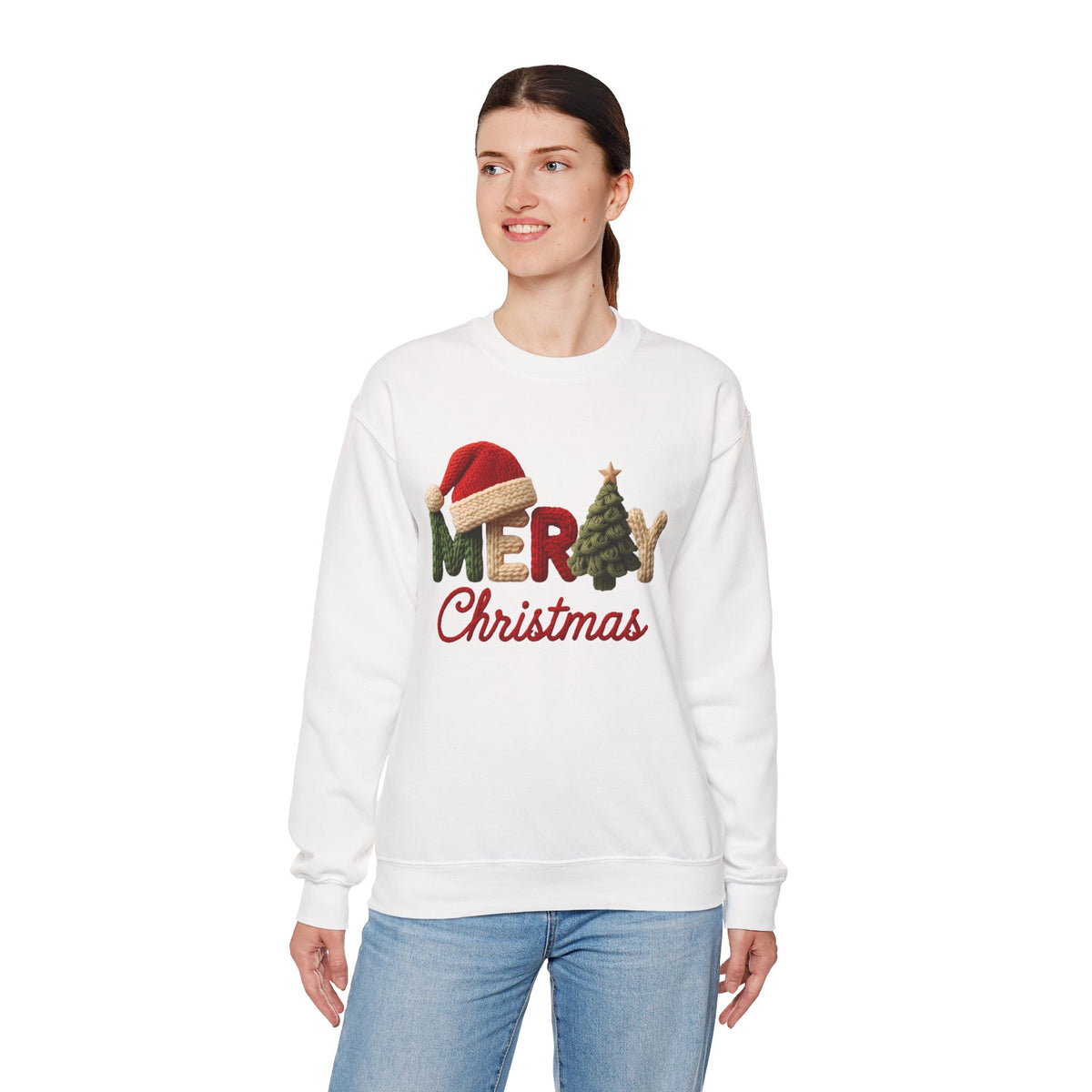 Merry Christmas Faux Yarn w/Santa Hat & Tree – Gildan Heavy Blend | Trendy Women’s Soft Sweatshirt. Direct to Garment. Printed & Shipped in the USA. Unisex Sizes.