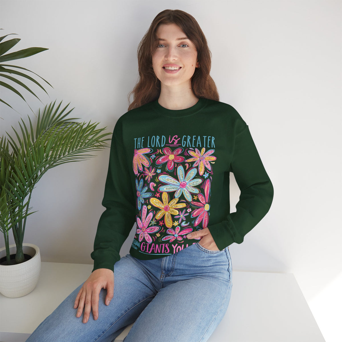 The Lord Is Greater Than The Giants You Face – Gildan Heavy Blend | Trendy Women’s Soft Sweatshirt. Direct to Garment. Printed & Shipped in the USA. Unisex Sizes.