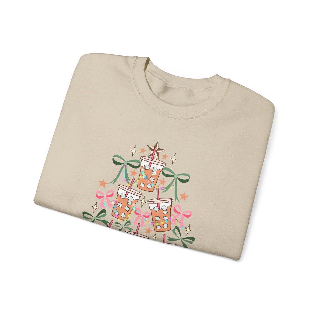 Merry and Caffeinated Iced Coffee Christmas Tree – Gildan Heavy Blend | Trendy Women’s Soft Sweatshirt. Direct to Garment. Printed & Shipped in the USA. Unisex Sizes.