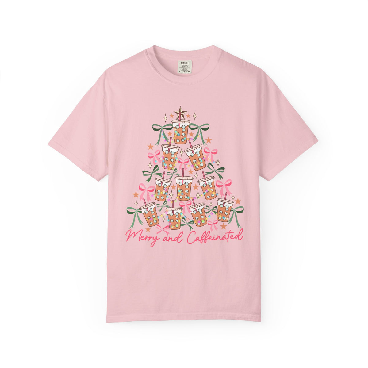 Merry and Caffeinated Iced Coffee Christmas Tree - Comfort Colors | Trendy Women's T-Shirt. Direct to Garment. Printed & Shipped in the USA. Unisex Sizes.