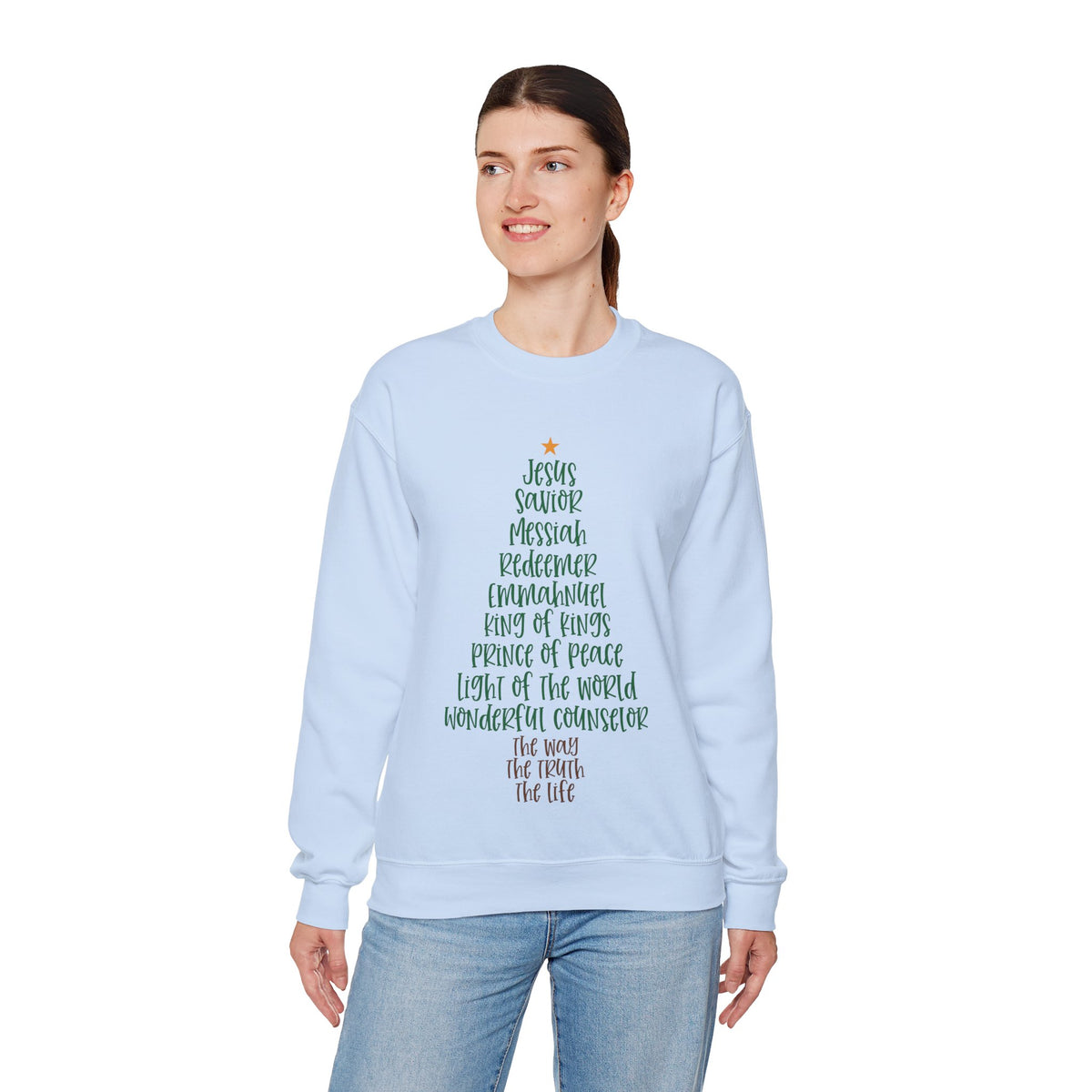 Jesus Names Christmas Tree – Gildan Heavy Blend | Trendy Women’s Soft Sweatshirt. Direct to Garment. Printed & Shipped in the USA. Unisex Sizes.