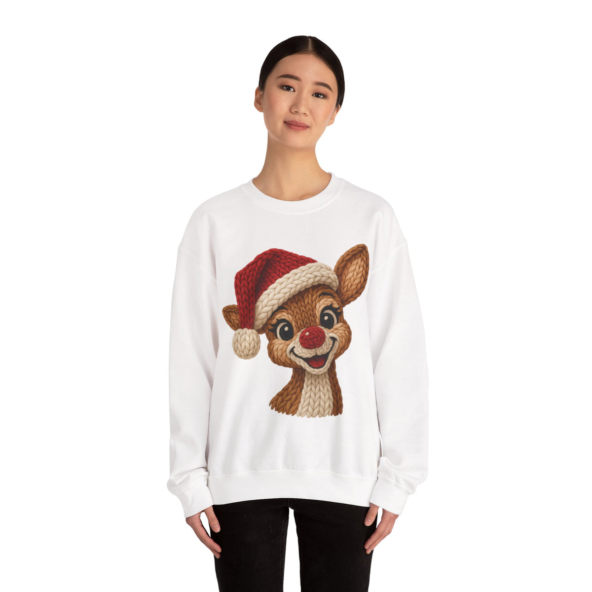 Cute Rudolph Faux Knit Look Reindeer w/Santa Hat – Gildan Heavy Blend | Trendy Women’s Soft Sweatshirt. Direct to Garment. Printed & Shipped in the USA. Unisex Sizes.
