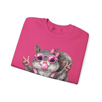 Cute But Feral, Squirrel in Pink Bibs – Gildan Heavy Blend | Trendy Women’s Soft Sweatshirt. Direct to Garment. Printed & Shipped in the USA. Unisex Sizes.