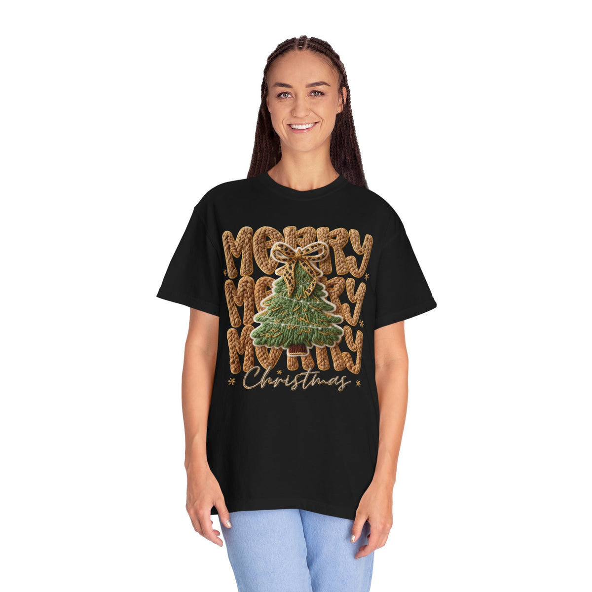 Merry Merry Merry Christmas, Faux Latch Hook Yarn - Comfort Colors | Trendy Women's T-Shirt. Direct to Garment. Printed & Shipped in the USA. Unisex Sizes.