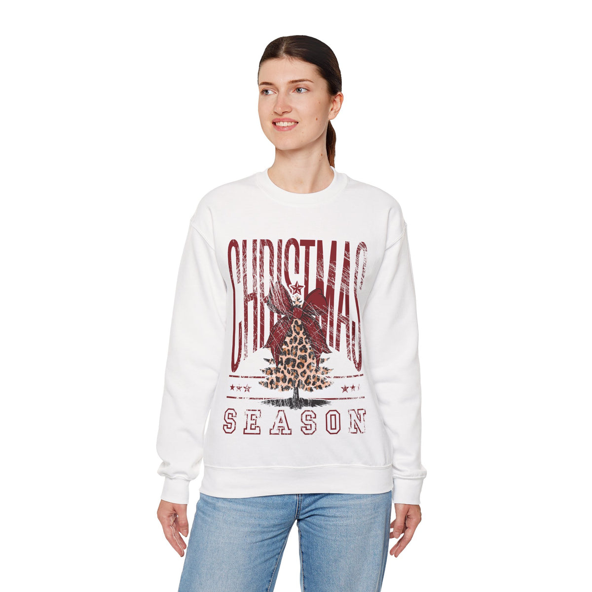 Christmas Season Leopard Tree Distressed – Gildan Heavy Blend | Trendy Women’s Soft Sweatshirt. Direct to Garment. Printed & Shipped in the USA. Unisex Sizes.