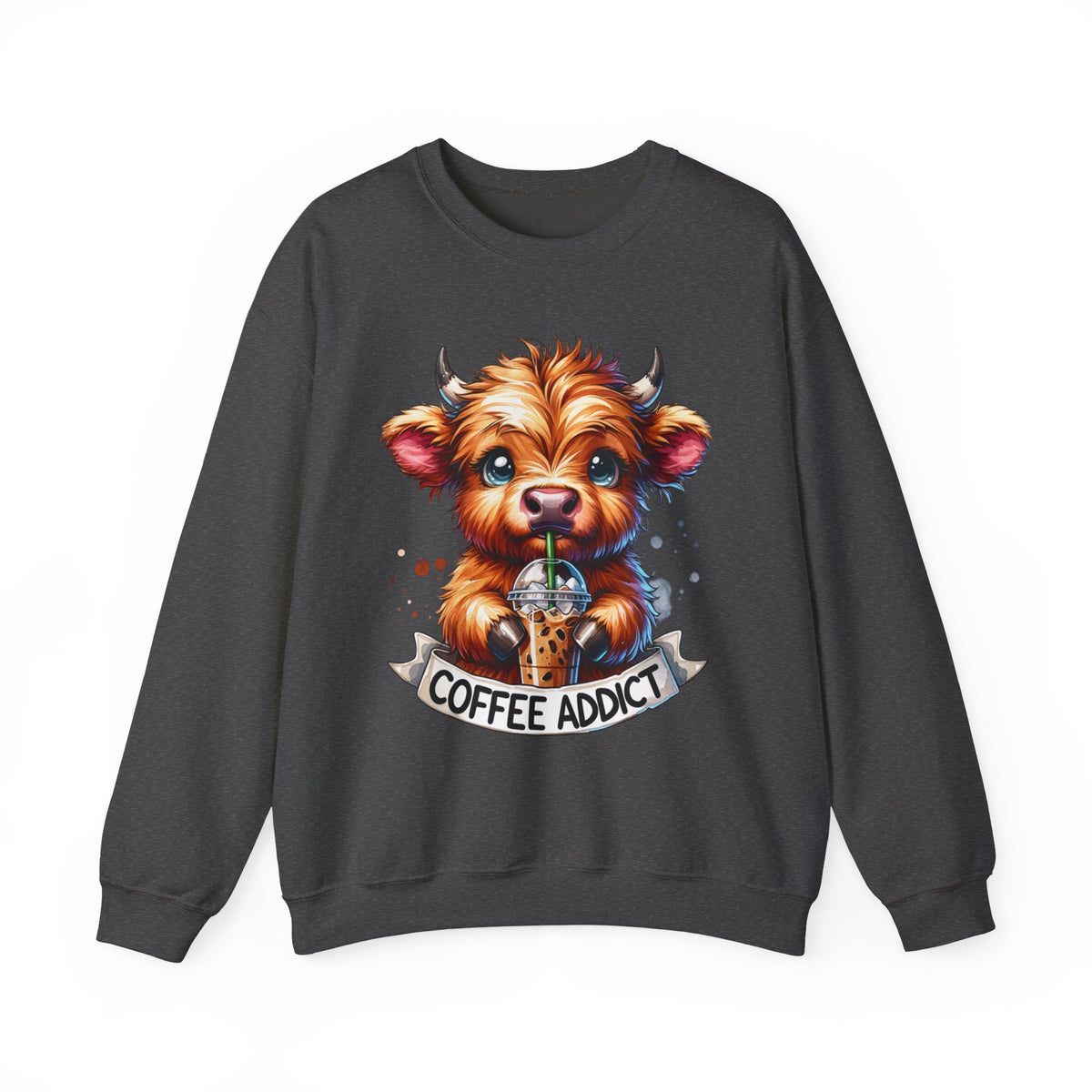 Coffee Addict Highland Cow Drinking Iced Coffee – Gildan Heavy Blend | Trendy Women’s Soft Sweatshirt. Direct to Garment. Printed & Shipped in the USA. Unisex Sizes.