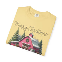 Merry Christmas Pink Barn Farm Animals - Comfort Colors | Trendy Women's T-Shirt. Direct to Garment. Printed & Shipped in the USA. Unisex Sizes.