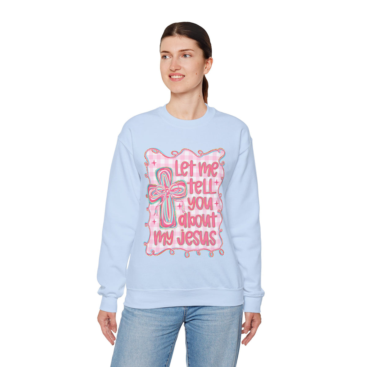 Let Me Tell You About My Jesus, Pink and Green – Gildan Heavy Blend | Trendy Women’s Soft Sweatshirt. Direct to Garment. Printed & Shipped in the USA. Unisex Sizes.
