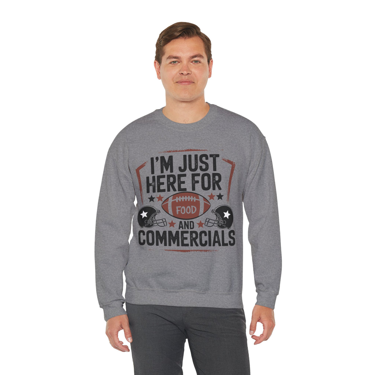 I'm Just Here for Food and Commercials – Gildan Heavy Blend | Trendy Women’s and Men's Soft Sweatshirt. Direct to Garment. Printed & Shipped in the USA. Unisex Sizes.