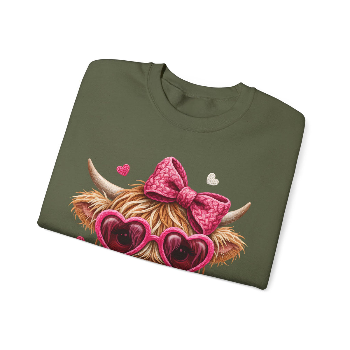 Highland Cow - Pink Heart Shaped Glasses – Gildan Heavy Blend | Trendy Women’s Soft Sweatshirt. Direct to Garment. Printed & Shipped in the USA. Unisex Sizes.