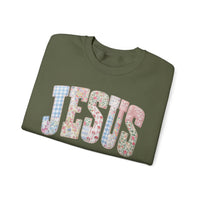 Jesus faux Patchwork – Gildan Heavy Blend | Trendy Women’s Soft Sweatshirt. Direct to Garment. Printed & Shipped in the USA. Unisex Sizes.