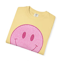 Faux Glitter Smiley - Comfort Colors | Trendy Women's T-Shirt. Direct to Garment. Printed & Shipped in the USA. Unisex Sizes.