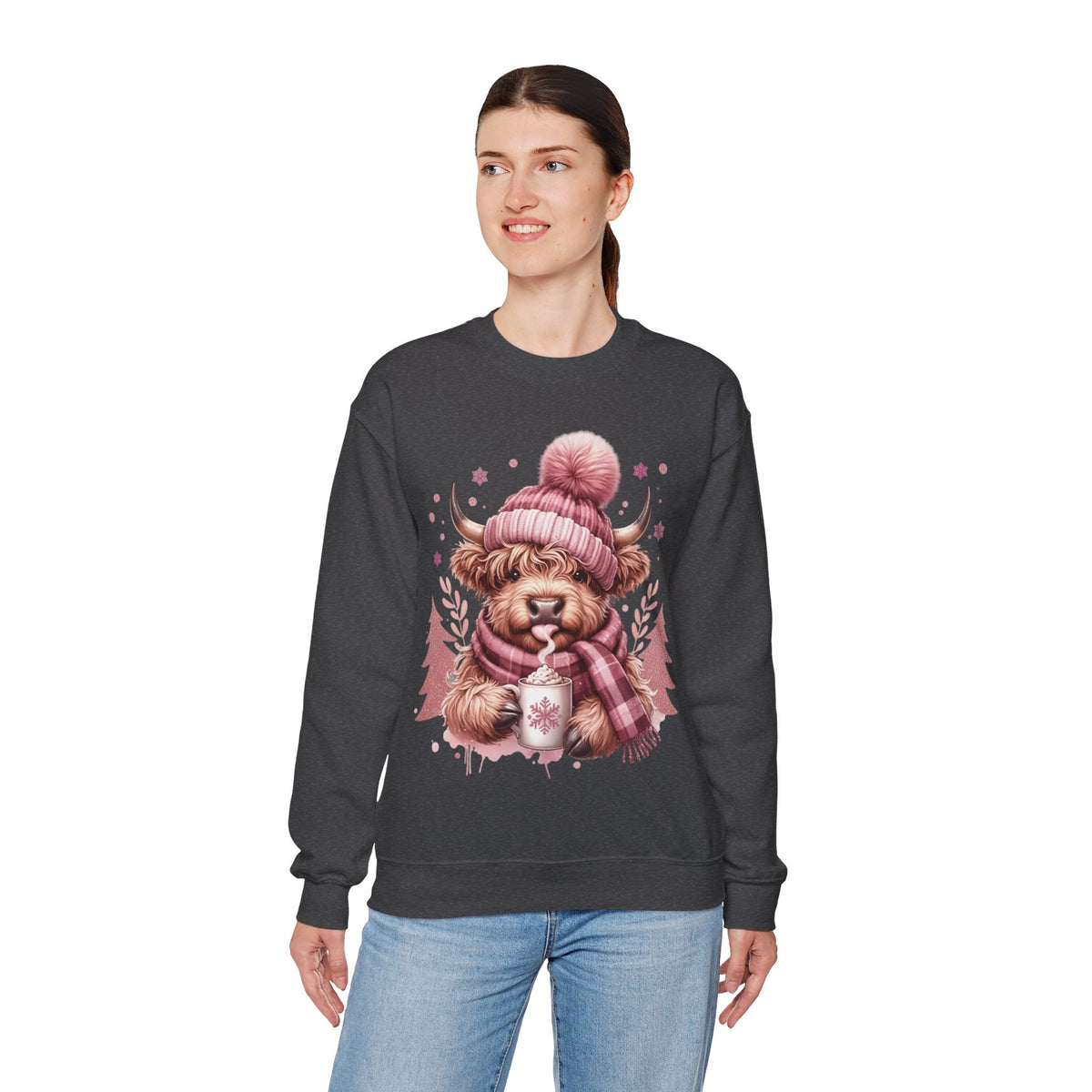 Cozy Highland Cow, Winter Coffee Mug & Scarf Pink – Gildan Heavy Blend | Trendy Women’s Soft Sweatshirt. Direct to Garment. Printed & Shipped in the USA. Unisex Sizes.