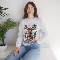 Merry & Mischievous Reindeer – Gildan Heavy Blend | Trendy Women’s and Men's Soft Sweatshirt. Direct to Garment. Printed & Shipped in the USA. Unisex Sizes.