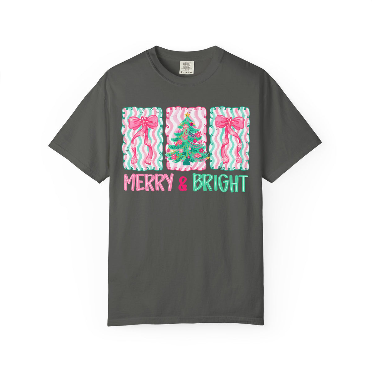 Merry & Bright Christmas — Pink & Green Holiday Tree Design - Comfort Colors | Trendy Women's T-Shirt. Direct to Garment. Printed & Shipped in the USA. Unisex Sizes.