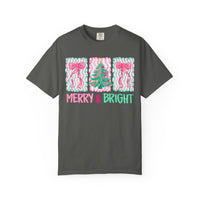 Merry & Bright Christmas — Pink & Green Holiday Tree Design - Comfort Colors | Trendy Women's T-Shirt. Direct to Garment. Printed & Shipped in the USA. Unisex Sizes.