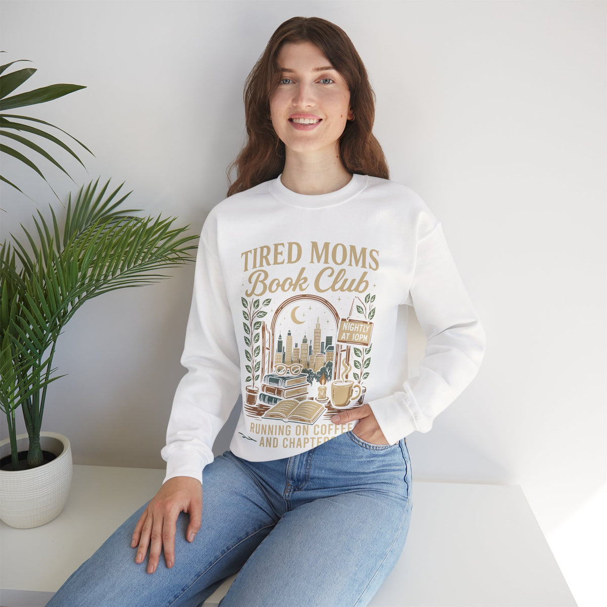 Tired Moms Book Club Running on Coffee and Chapters – Gildan Heavy Blend | Trendy Women’s Soft Sweatshirt. Direct to Garment. Printed & Shipped in the USA. Unisex Sizes.
