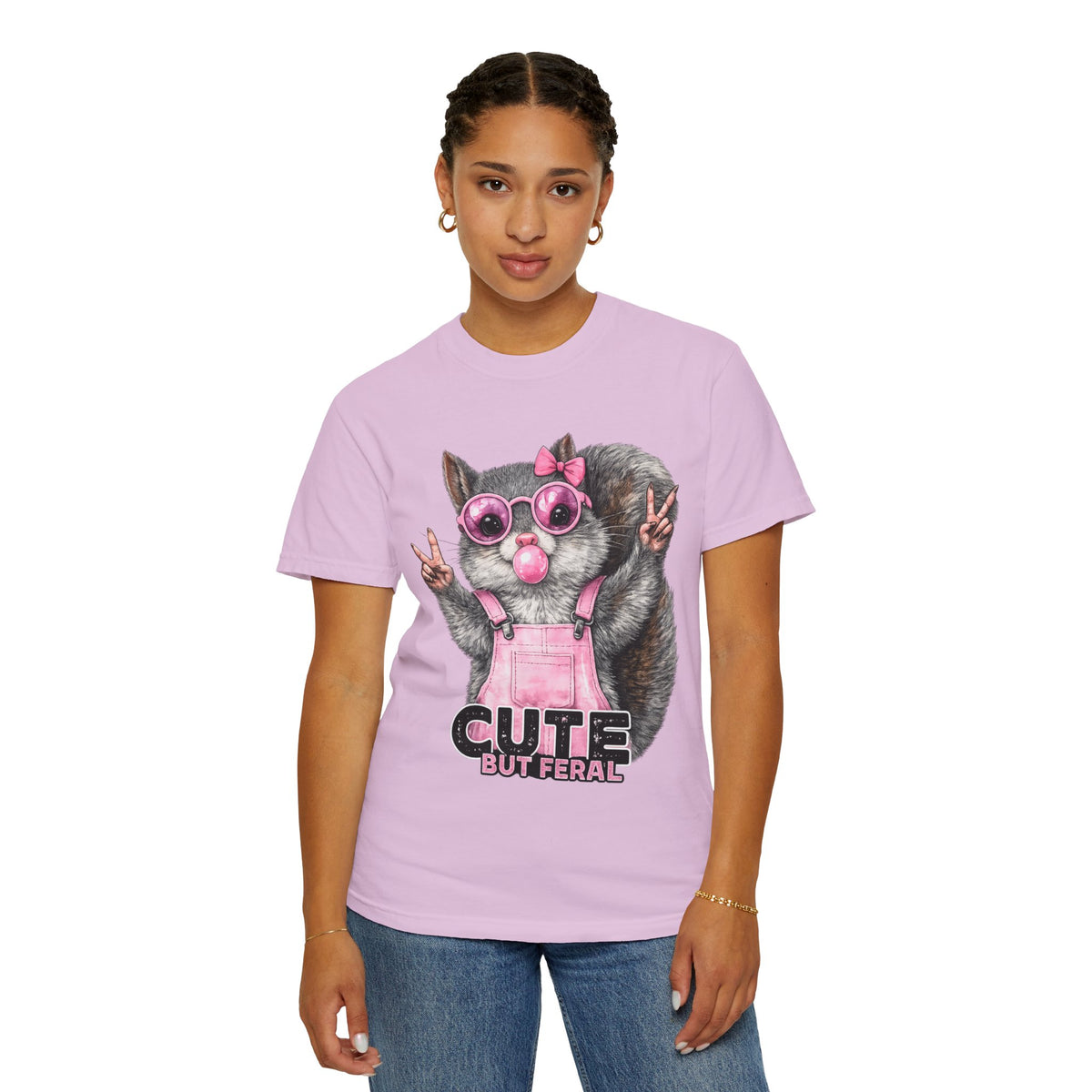 Cute But Feral, Squirrel in Pink Bibs - Comfort Colors | Trendy Women's T-Shirt. Direct to Garment. Printed & Shipped in the USA. Unisex Sizes.