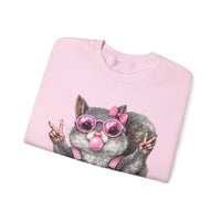 Cute But Feral, Squirrel in Pink Bibs – Gildan Heavy Blend | Trendy Women’s Soft Sweatshirt. Direct to Garment. Printed & Shipped in the USA. Unisex Sizes.