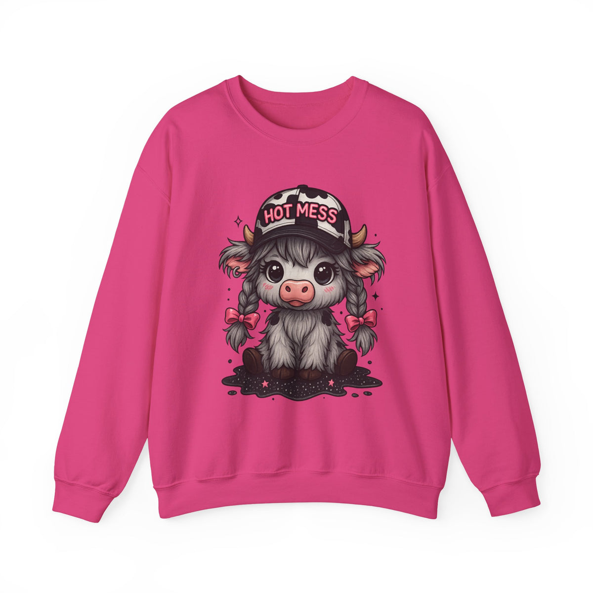Cute Highland Cow 'Hot Mess' In Braids – Gildan Heavy Blend | Trendy Women’s Soft Sweatshirt. Direct to Garment. Printed & Shipped in the USA. Unisex Sizes.