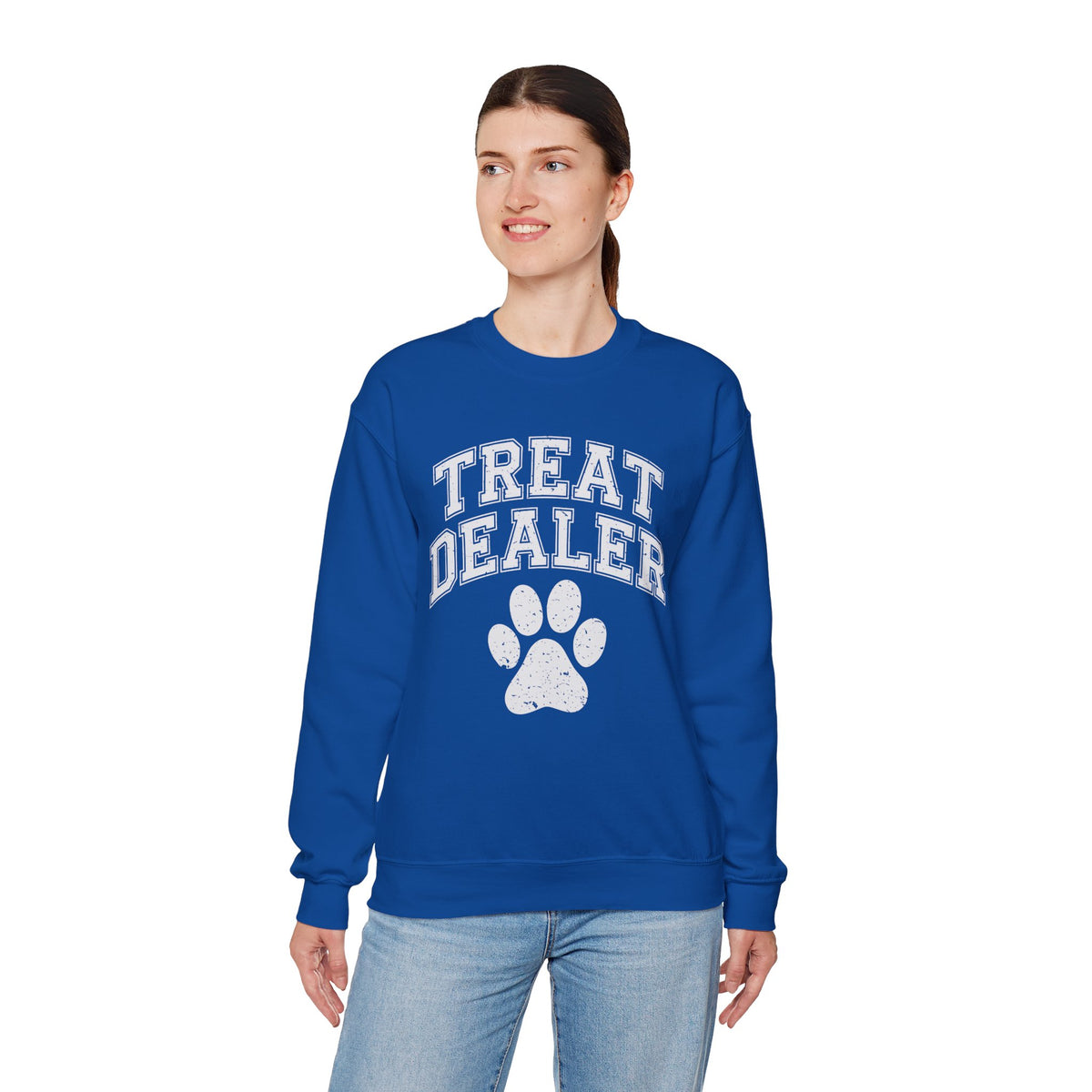 Treat Dealer, Dog Lover – Gildan Heavy Blend | Trendy Men's and Women’s Soft Sweatshirt. Direct to Garment. Printed & Shipped in the USA. Unisex Sizes.