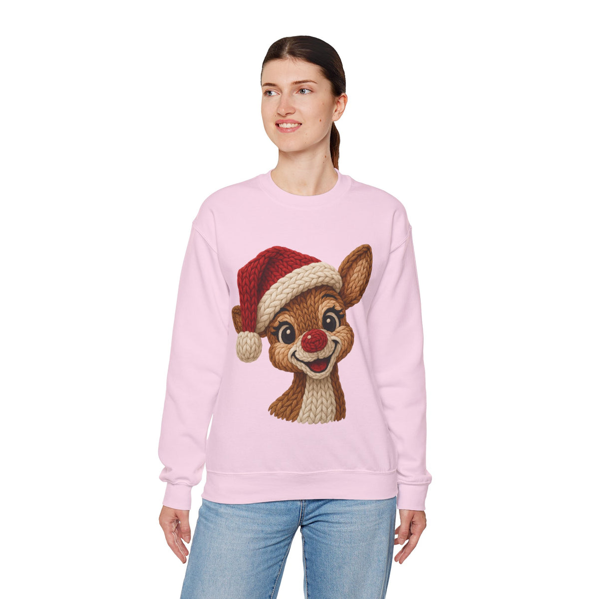 Cute Rudolph Faux Knit Look Reindeer w/Santa Hat – Gildan Heavy Blend | Trendy Women’s Soft Sweatshirt. Direct to Garment. Printed & Shipped in the USA. Unisex Sizes.