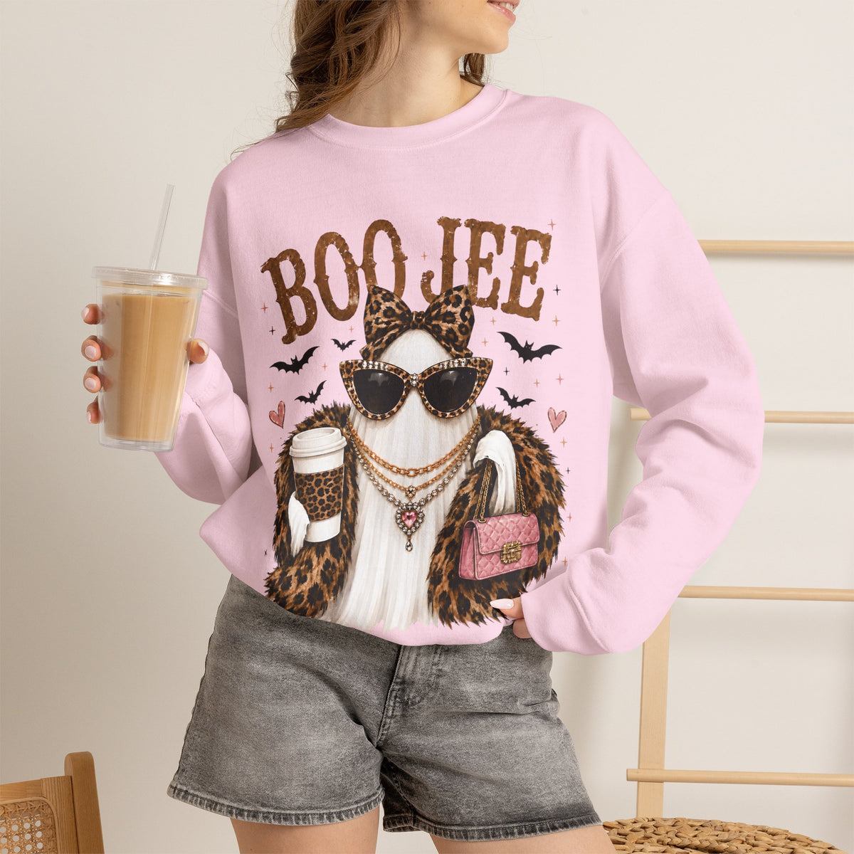 BooJee Ghost with Coffee - Halloween – Gildan Heavy Blend | Trendy Women’s Soft Sweatshirt. Direct to Garment. Printed & Shipped in the USA. Unisex Sizes.