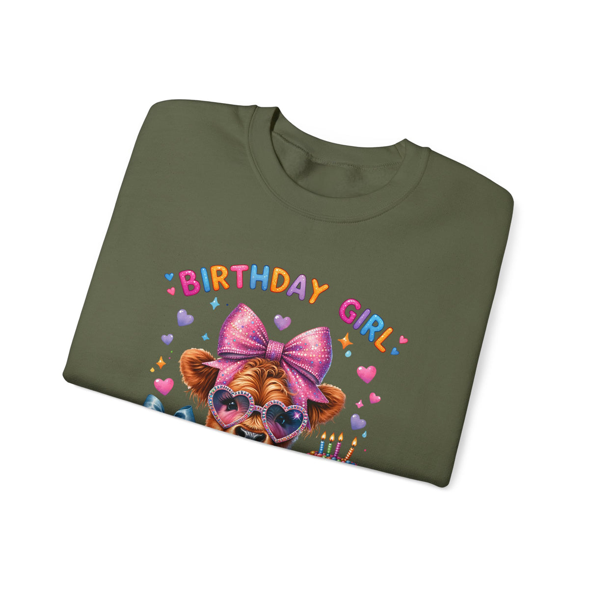 Birthday Girl, Highland Cow – Gildan Heavy Blend | Trendy Women’s Soft Sweatshirt. Direct to Garment. Printed & Shipped in the USA. Unisex Sizes.