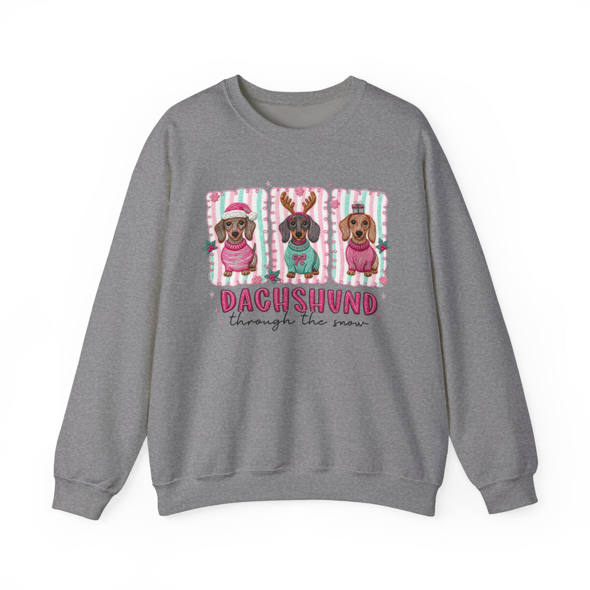 Dachshund Through the Snow – Gildan Heavy Blend | Trendy Women’s Soft Sweatshirt. Direct to Garment. Printed & Shipped in the USA. Unisex Sizes.