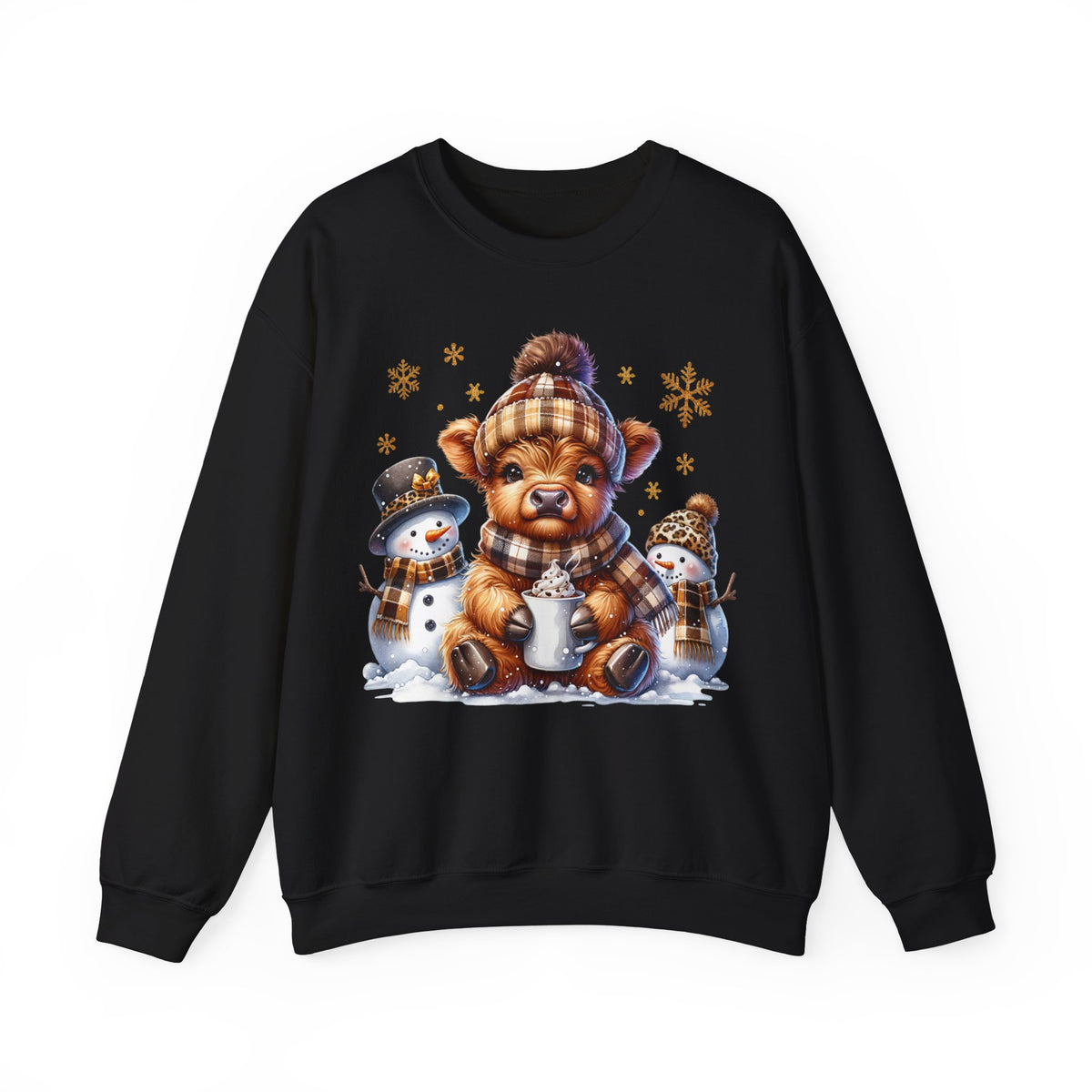 Cute Highland Cow with Snowmen, Winter – Gildan Heavy Blend | Trendy Women’s Soft Sweatshirt. Direct to Garment. Printed & Shipped in the USA. Unisex Sizes.