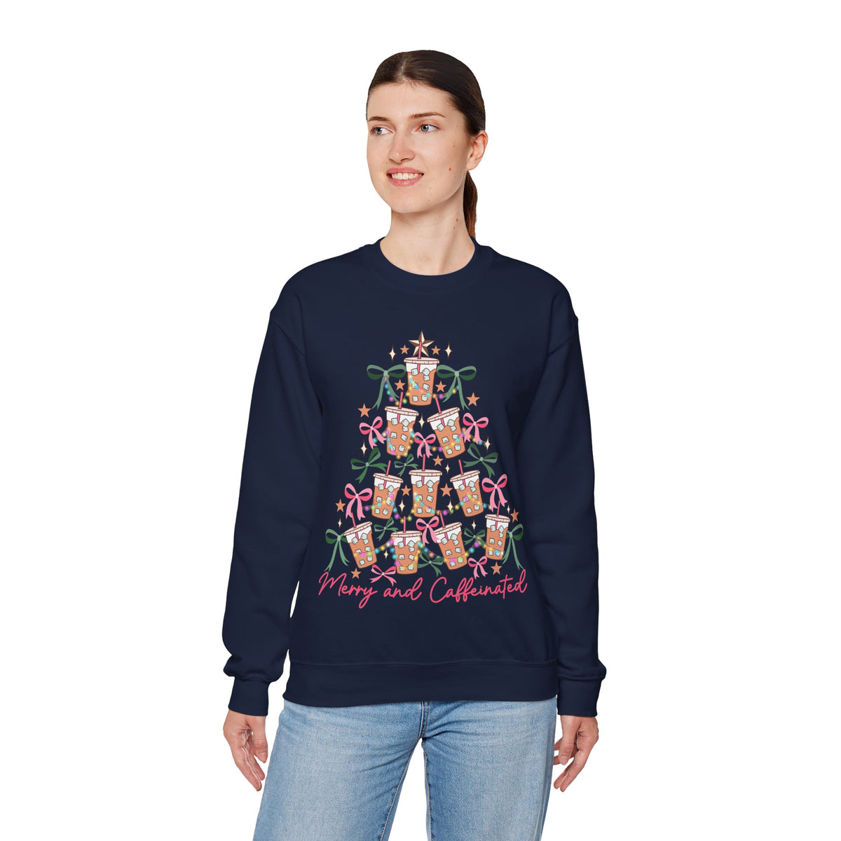 Merry and Caffeinated Iced Coffee Christmas Tree – Gildan Heavy Blend | Trendy Women’s Soft Sweatshirt. Direct to Garment. Printed & Shipped in the USA. Unisex Sizes.