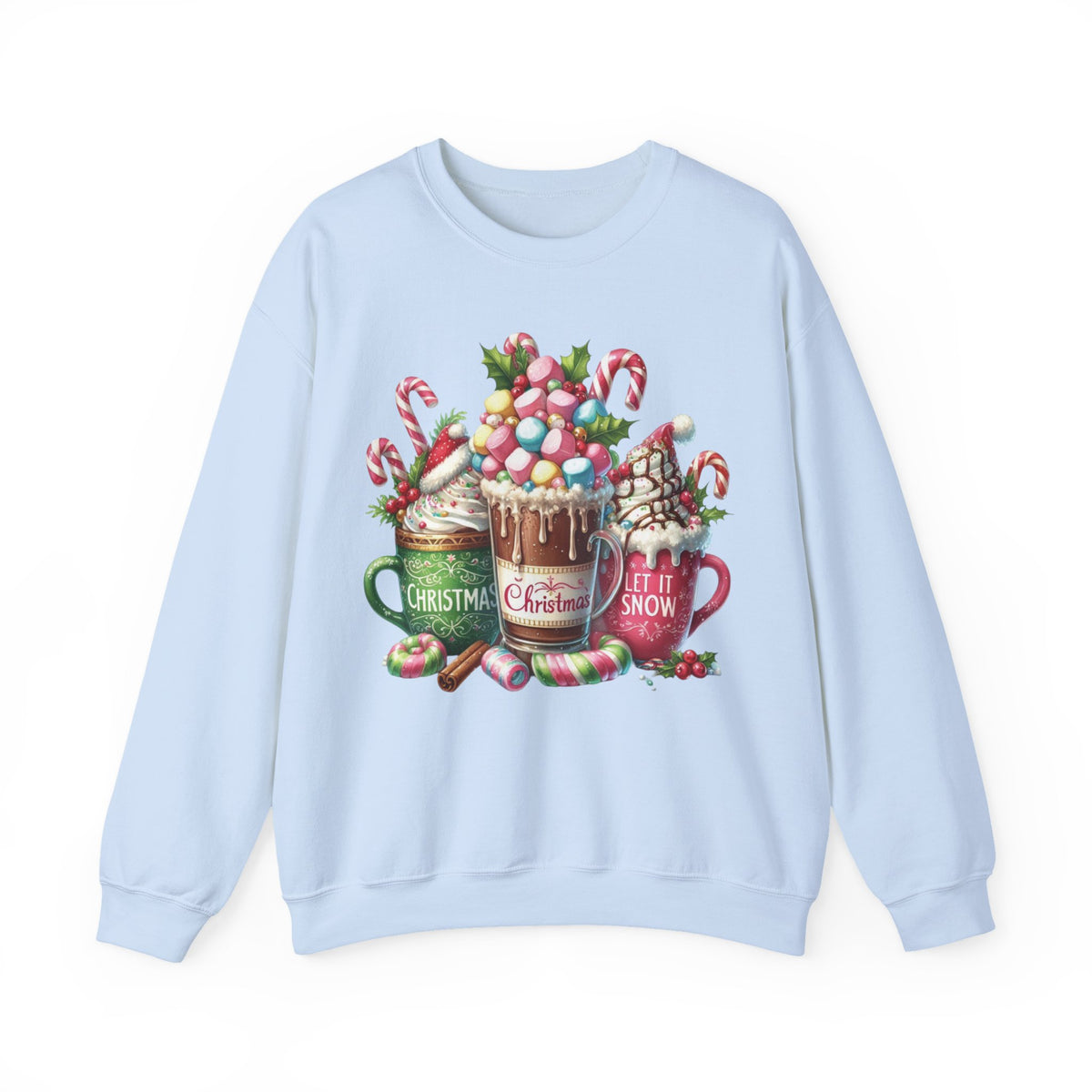 Hot Chocolate Mugs Christmas Hot Cocoa – Gildan Heavy Blend | Trendy Women’s Soft Sweatshirt. Direct to Garment. Printed & Shipped in the USA. Unisex Sizes.