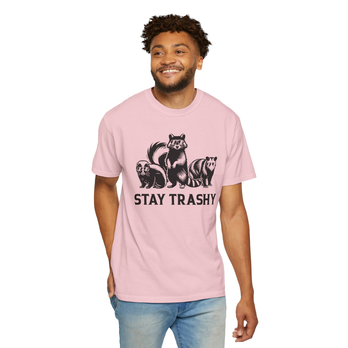 Stay Trashy, Skunk Raccoon Possum - Comfort Colors | Trendy Women's and Men's T-Shirt. Direct to Garment. Printed & Shipped in the USA. Unisex Sizes.