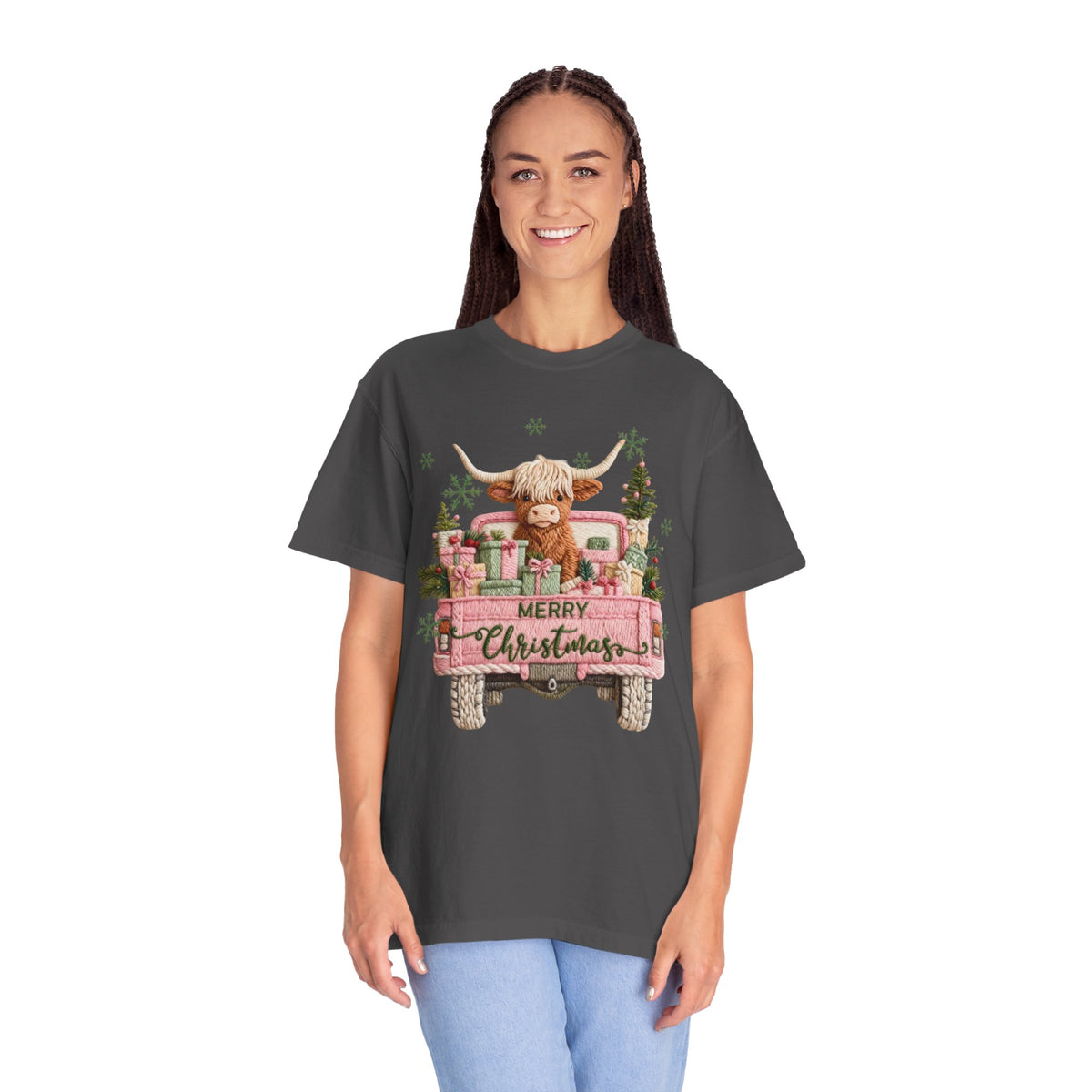 Highland Cow in Pink Truck Merry Christmas Holiday Farmhouse - Comfort Colors | Trendy Women's T-Shirt. Direct to Garment. Printed & Shipped in the USA. Unisex Sizes.