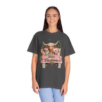 Highland Cow in Pink Truck Merry Christmas Holiday Farmhouse - Comfort Colors | Trendy Women's T-Shirt. Direct to Garment. Printed & Shipped in the USA. Unisex Sizes.