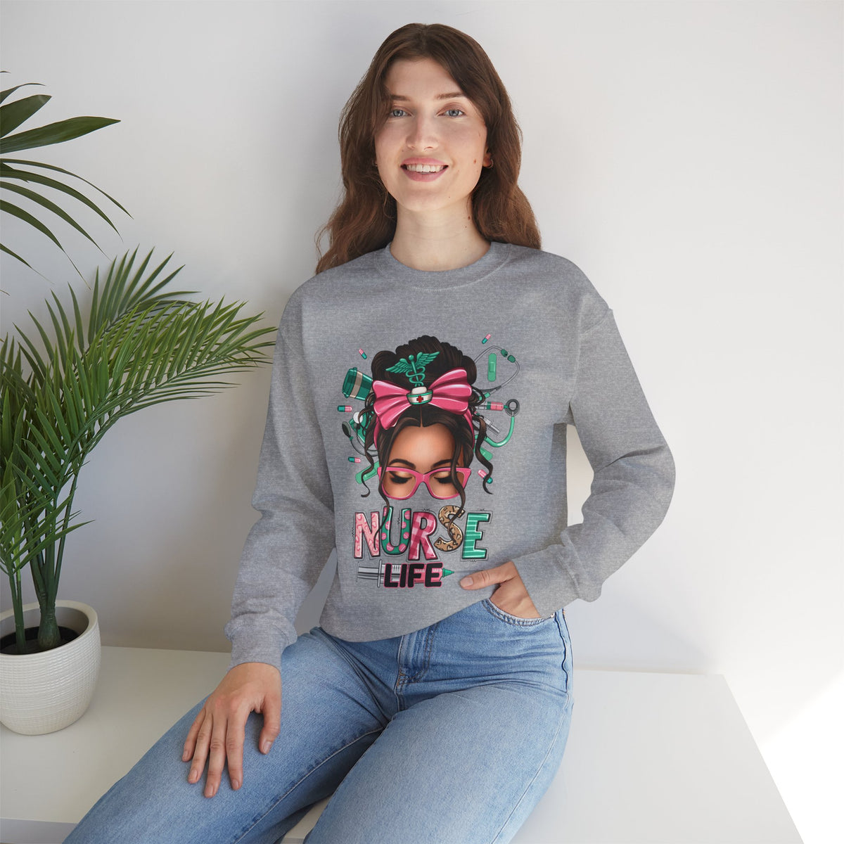 Nurse Life Messy Bun, Cute Stethescope & Syringe – Gildan Heavy Blend | Trendy Women’s Soft Sweatshirt. Direct to Garment. Printed & Shipped in the USA. Unisex Sizes.