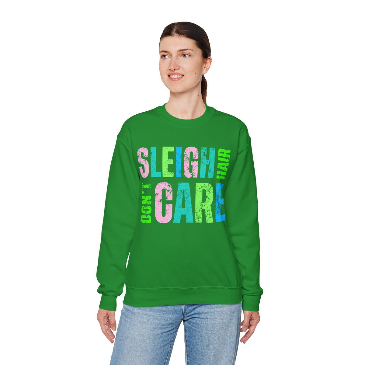 Sleigh Hair Don’t Care, Funny Christmas Graphic Tee – Gildan Heavy Blend | Trendy Women’s Soft Sweatshirt. Direct to Garment. Printed & Shipped in the USA. Unisex Sizes.