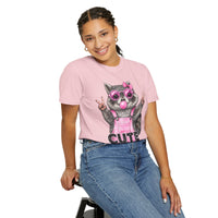 Cute But Feral, Raccoon in Pink Bibs - Comfort Colors | Trendy Women's T-Shirt. Direct to Garment. Printed & Shipped in the USA. Unisex Sizes.