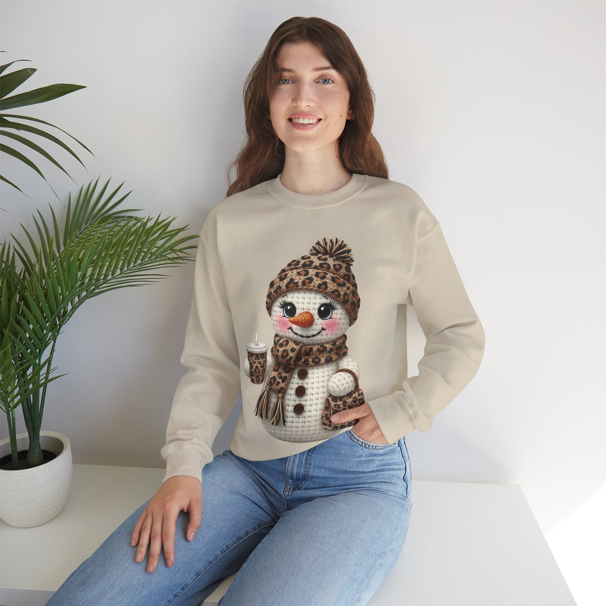 Leopard Snowman - Leopard Purse, Drink, Hat & Scarf – Gildan Heavy Blend | Trendy Women’s Soft Sweatshirt. Direct to Garment. Printed & Shipped in the USA. Unisex Sizes.