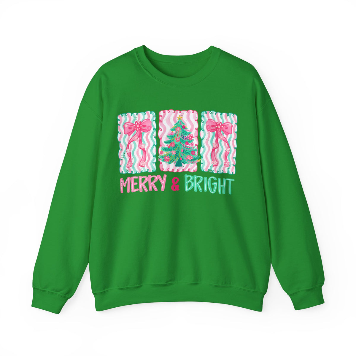 Merry & Bright Christmas - Pink & Green Holiday Tree Design – Gildan Heavy Blend | Trendy Women’s Soft Sweatshirt. Direct to Garment. Printed & Shipped in the USA. Unisex Sizes.